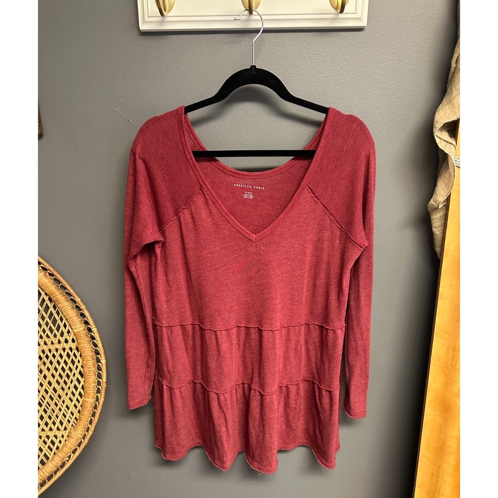 American Eagle Womens Oversized M Red V-Neck Long Slv Tiered Ruffle Tunic Top
